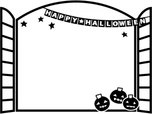 ハロウィン・フラッグガーランドと窓とかぼちゃの白黒フレーム飾り枠イラスト