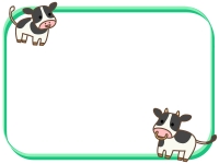 2頭のかわいい牛と緑色の四角フレーム飾り枠イラスト