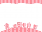 ピンク色ストライプの建物・街並みの上下フレーム飾り枠イラスト