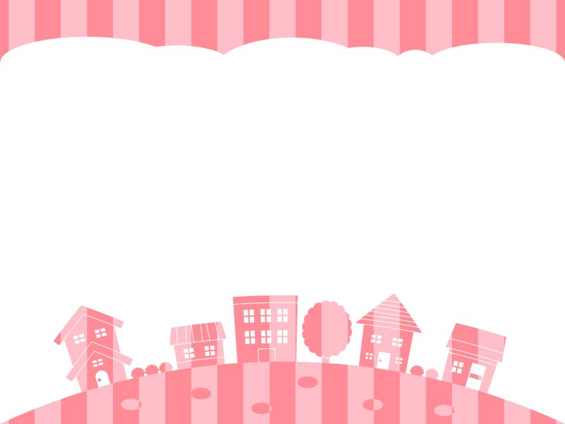 ピンク色ストライプの建物 街並みの上下フレーム飾り枠イラスト 無料イラスト かわいいフリー素材集 フレームぽけっと