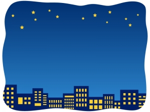 夜空と建物・街並みの手書き風フレーム飾り枠イラスト