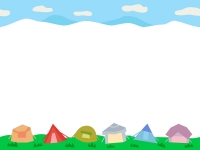 空と並んだテントのキャンプの上下フレーム飾り枠イラスト