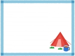 テントとコーヒーのキャンプの青色四角フレーム飾り枠イラスト