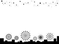 星空と建物のシルエットと花火の白黒フレーム飾り枠イラスト