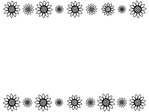 大小のひまわりの花の白黒上下フレーム飾り枠イラスト