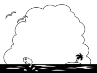 ヤシの木と海と入道雲の白黒フレーム飾り枠イラスト