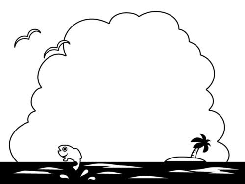 ヤシの木と海と入道雲の白黒フレーム飾り枠イラスト