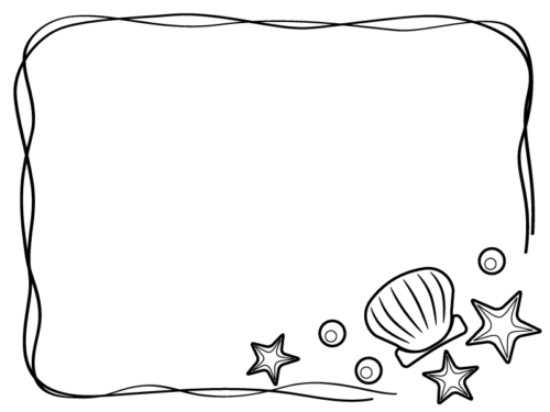 貝やヒトデの白黒手書き風フレーム飾り枠イラスト