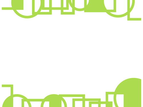 幾何学模様／線の丸と四角（黄緑色）の上下フレーム飾り枠イラスト