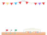 運動会・カラフルな旗とグラウンドの上下フレーム飾り枠イラスト