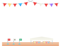 運動会・カラフルな旗とグラウンドの上下フレーム飾り枠イラスト