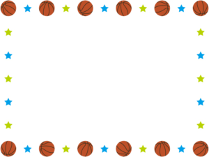 バスケットボールと水色と黄緑の星の囲みフレーム飾り枠イラスト