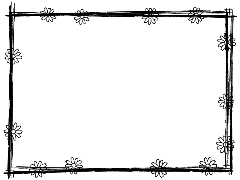 花と筆線の白黒囲みフレーム飾り枠イラスト 無料イラスト かわいいフリー素材集 フレームぽけっと