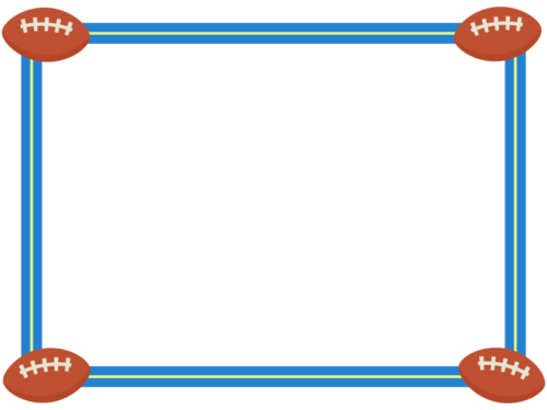 四隅のラグビーボールの青色フレーム飾り枠イラスト