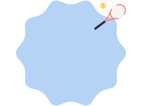 ピンク色のテニスラケットの水色ラベル風フレーム飾り枠イラスト