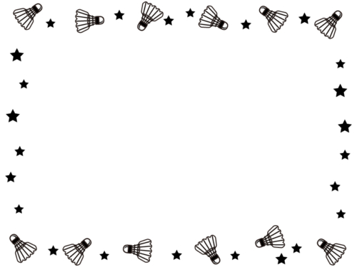 バドミントン・シャトルと星の白黒囲みフレーム飾り枠イラスト