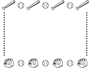 野球・グローブとバットとボールの白黒点線フレーム飾り枠イラスト