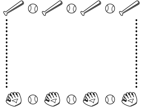 野球・グローブとバットとボールの白黒点線フレーム飾り枠イラスト