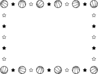 バスケットボールと星の白黒囲みフレーム飾り枠イラスト