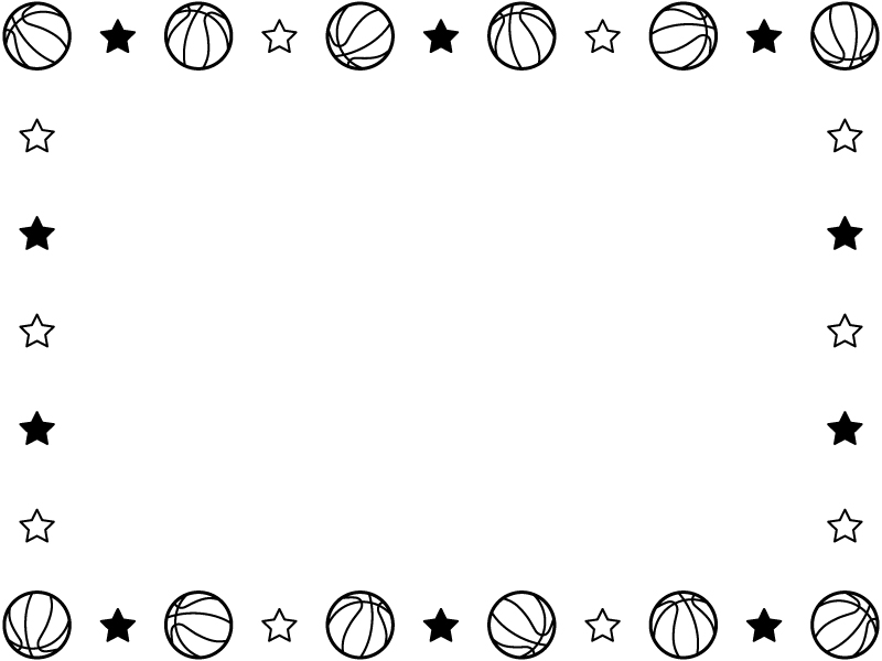 バスケットボールと星の白黒囲みフレーム飾り枠イラスト 無料イラスト かわいいフリー素材集 フレームぽけっと