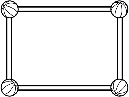 四隅のバスケットボールの白黒二重線フレーム飾り枠イラスト