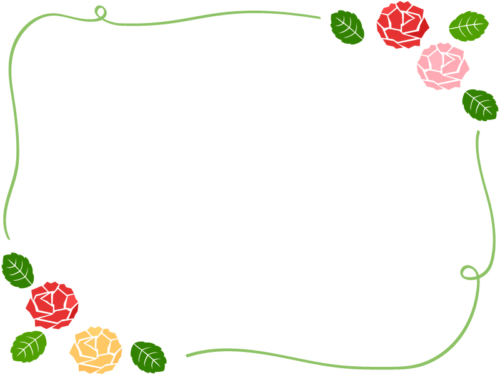 2隅のバラ（薔薇）と黄緑色の手書き風フレーム飾り枠イラスト