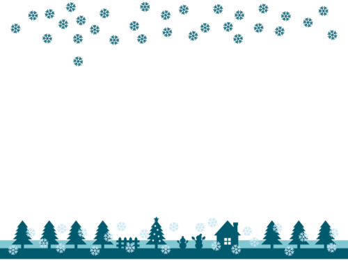 冬の森と家と雪の紺色上下フレーム飾り枠イラスト
