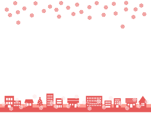 冬の建物・街並みと雪の赤色上下フレーム飾り枠イラスト