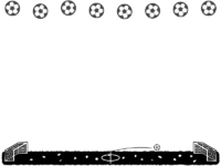サッカーボールとフィールド／ピッチの白黒上下フレーム飾り枠イラスト