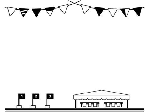 運動会・旗とグラウンドの白黒上下フレーム飾り枠イラスト