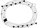 運動会・旗と陸上トラックの白黒フレーム飾り枠イラスト