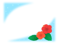 ハイビスカスの花とふんわり水色フレーム飾り枠イラスト