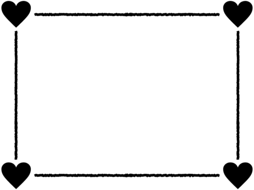 四隅のハートと手書き風線の白黒フレーム飾り枠イラスト