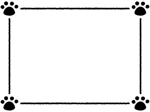 四隅の肉球と手書き風線の白黒フレーム飾り枠イラスト