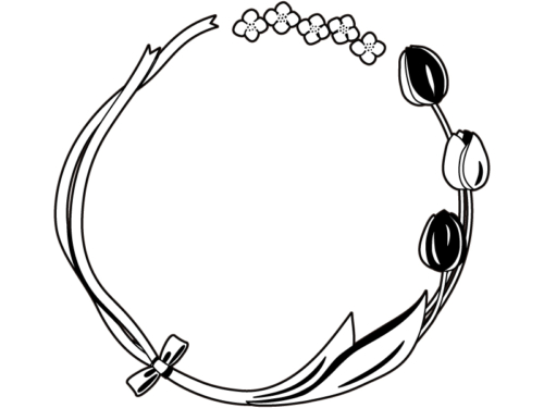 チューリップとリボンの白黒円形リース風フレーム飾り枠イラスト