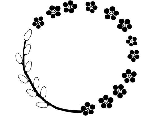 ネコヤナギと梅の花の白黒リース風フレーム飾り枠イラスト
