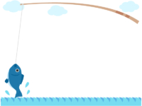 釣り竿と魚と青い波のフレーム飾り枠イラスト