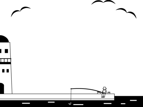 釣り人と灯台の白黒フレーム飾り枠イラスト