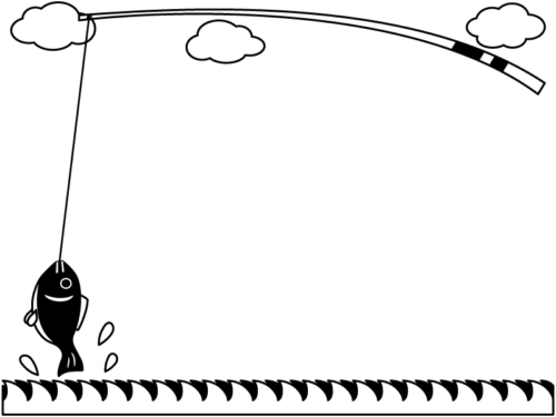 釣り竿と魚と波の白黒フレーム飾り枠イラスト