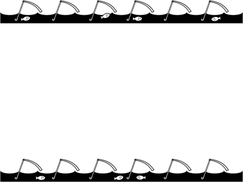 並んだ釣り竿と魚と波の白黒上下フレーム飾り枠イラスト