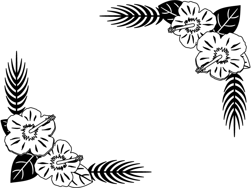 2隅のハイビスカスの花の白黒フレーム飾り枠イラスト 無料イラスト かわいいフリー素材集 フレームぽけっと