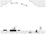 海に浮かぶ船とヨットの白黒上下フレーム飾り枠イラスト