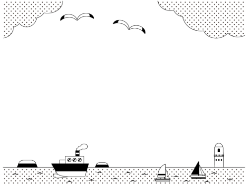 海に浮かぶ船とヨットの白黒上下フレーム飾り枠イラスト