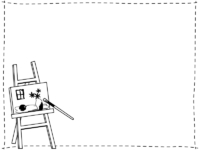 イーゼルとキャンバスの絵の白黒点線フレーム飾り枠イラスト