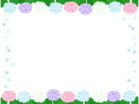 カラフルな紫陽花と花びらのフレーム飾り枠イラスト