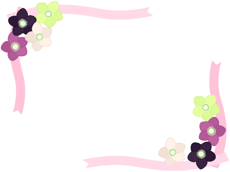 クリスマスローズとピンク色のリボンのフレーム飾り枠イラスト | 無料 