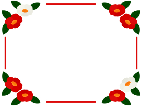 四隅の椿と赤色の線のフレーム飾り枠イラスト