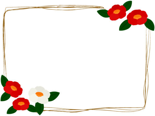 椿とこげ茶色の手書き風線のフレーム飾り枠イラスト