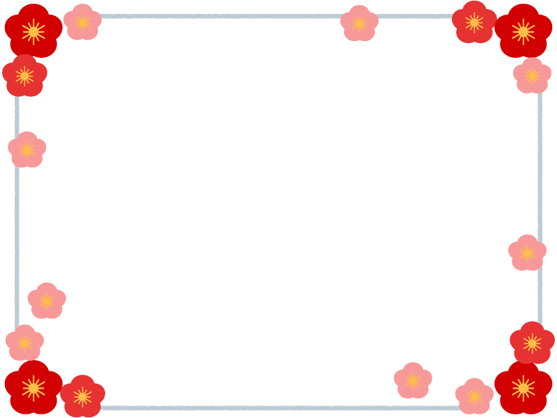 梅の花とグレー線のフレーム飾り枠イラスト | 無料イラスト かわいい