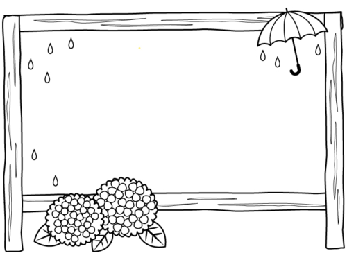 紫陽花と傘と看板の白黒フレーム飾り枠イラスト